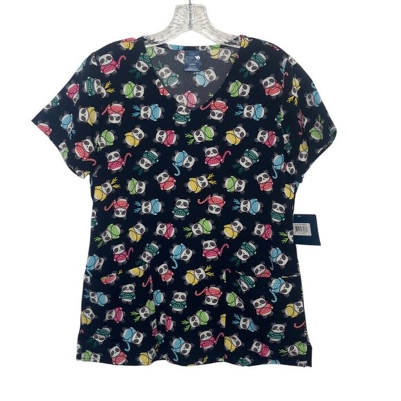 Zoe Chloe Panda Print Scrub Top Shirt Womens Small New Black Multicolor - Picture 1 of 10